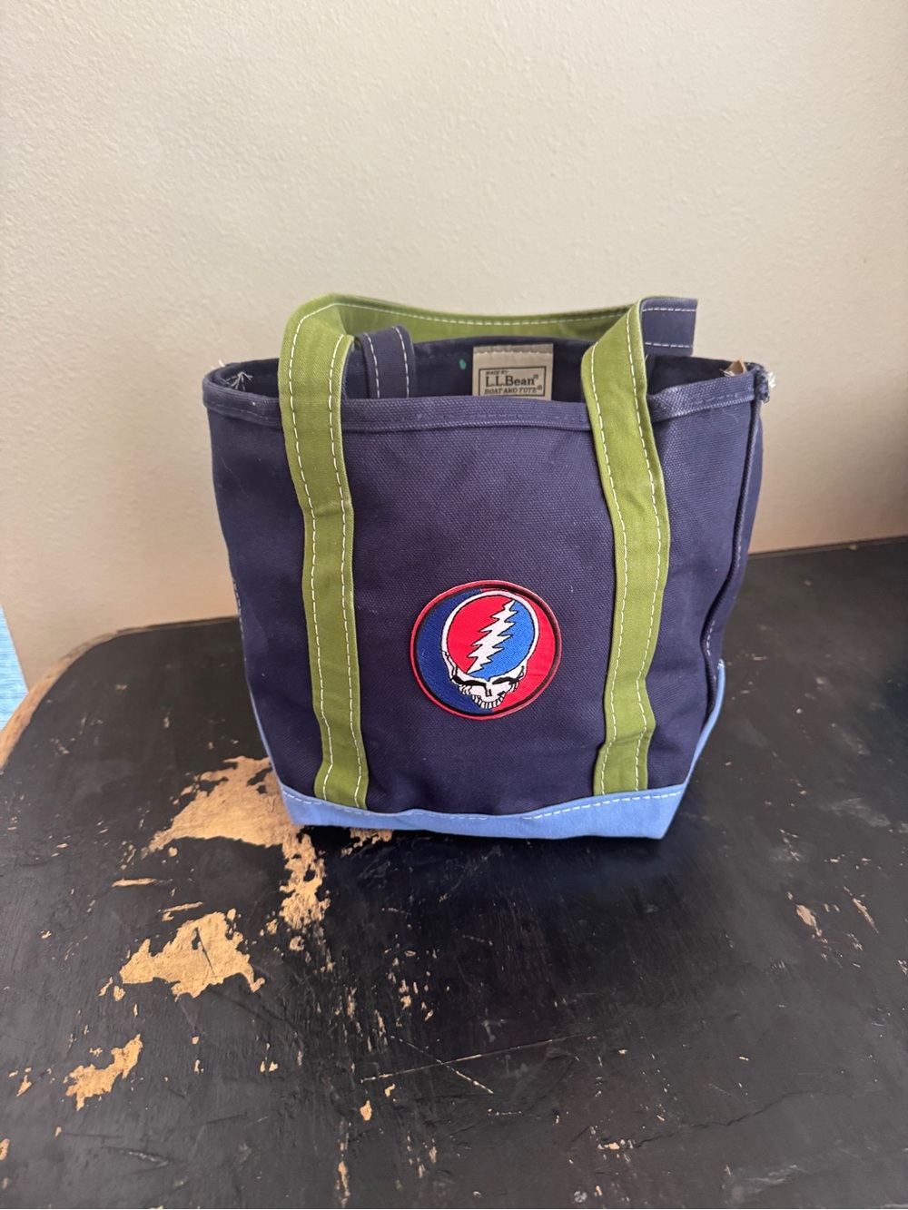 L.L. Bean Navy Duffel Tote with Green Handles and Light Blue Trim